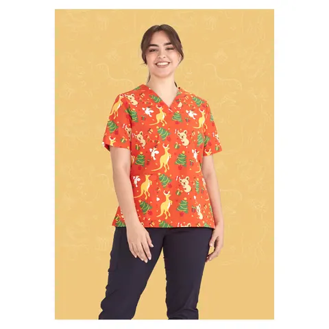 Biz Collection Womens Christmas V-Neck Short Sleeve Scrub Top