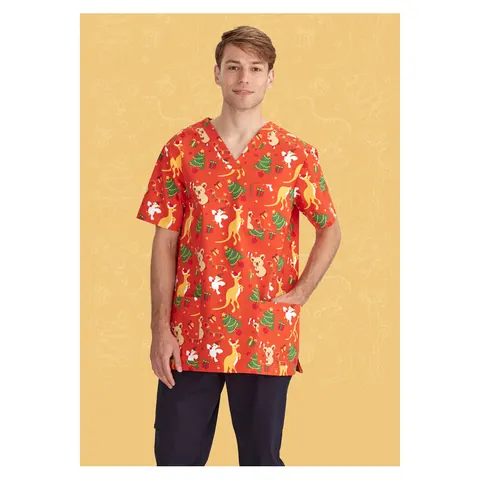Biz Collection Mens Christmas V-Neck Short Sleeve Scrub Top