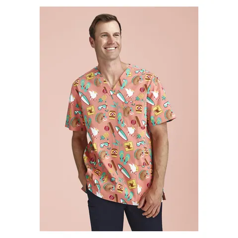 Biz Collection Mens Christmas Short Sleeve V-neck Scrub