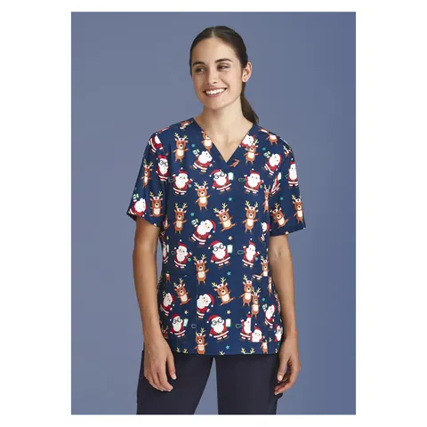 Biz Collection Womens Christmas Short Sleeve V-neck Scrub (Poly Stretch)