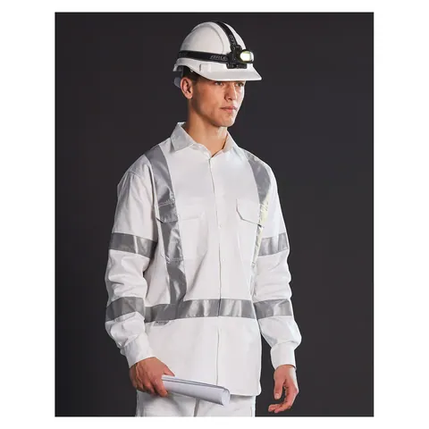 Australian Industrial Wear Mens White Safety Shirt with X Back Biomotion Tape Configuration