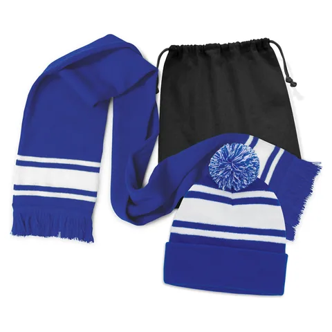 Commodore Scarf and Beanie with Pom Pom Set blue