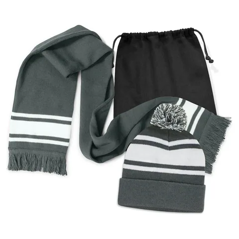 Commodore Scarf and Beanie with Pom Pom Set in grey