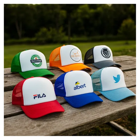 Five branded trucker caps on a picnic table