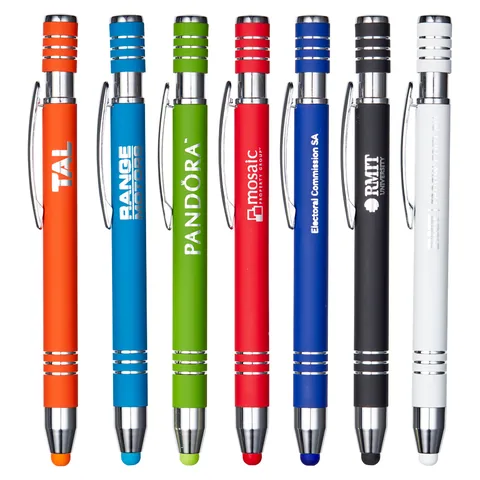 Row of Capri pens in seven colours printed with client logos