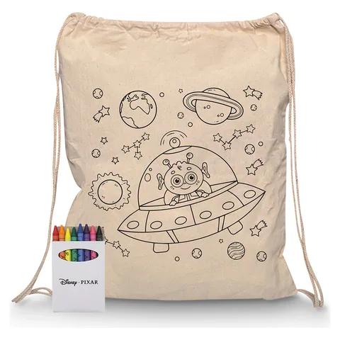 Squiggle Calico Drawstring Bag + Crayon set